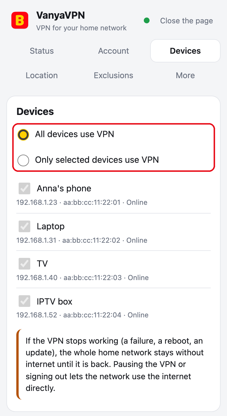 Router page, Devices tab in the mode for the whole network. The mode switch is circled, and every device is ticked and greyed out