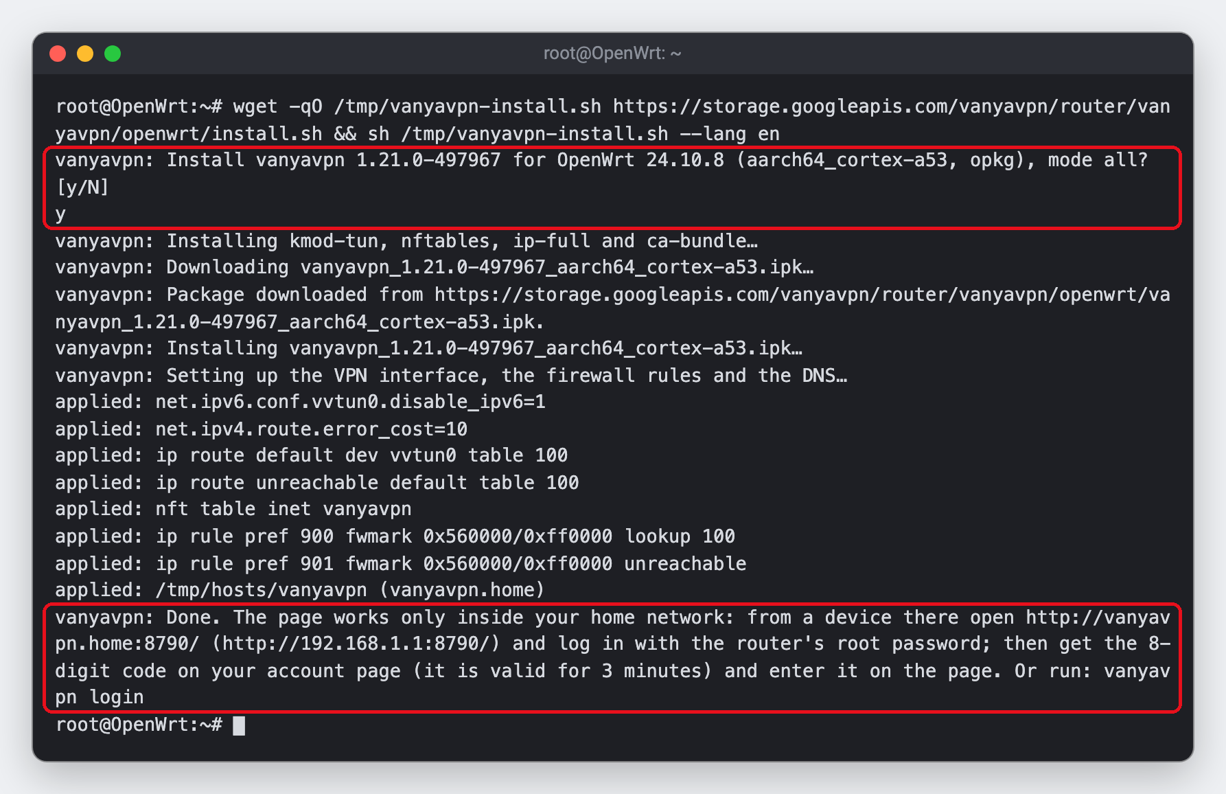 Example of the installer output in an SSH window. The y answer to the installer’s question and the last line starting with Done, with the router page address, are framed