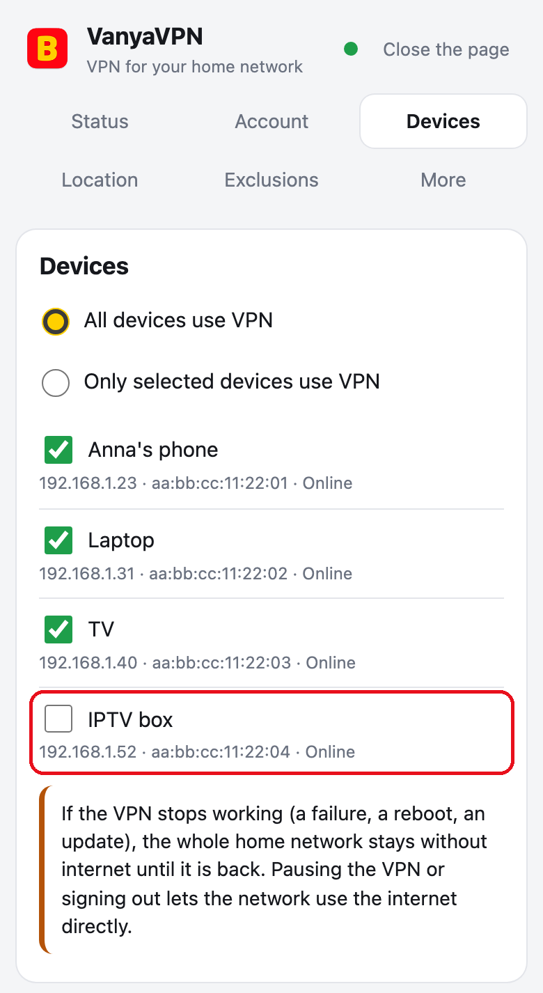 Router page, Devices tab with All devices use VPN selected. The IPTV box is framed, it has no tick and goes online directly