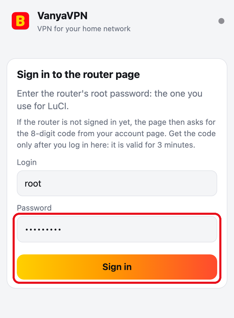 Router page, sign-in. The root password field and the Sign in button are framed